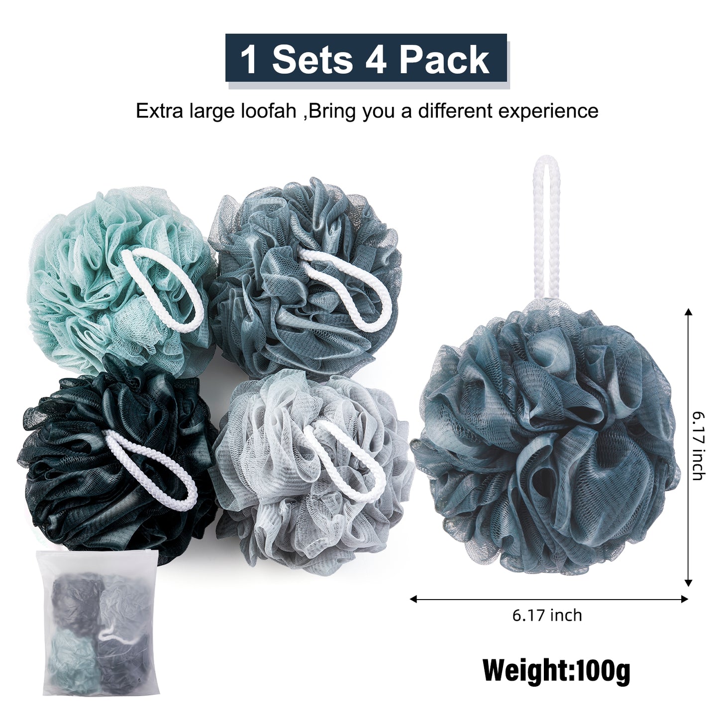 Mrsdry Loofah Sponge, XXL Large Loofah 100g 4 Pack, Bath Sponge Soft Mesh Shower Loofah for Men, Body Scrub, Shower Pouf Bath Accessories, for Body Wash, Soap (Blue Gray)