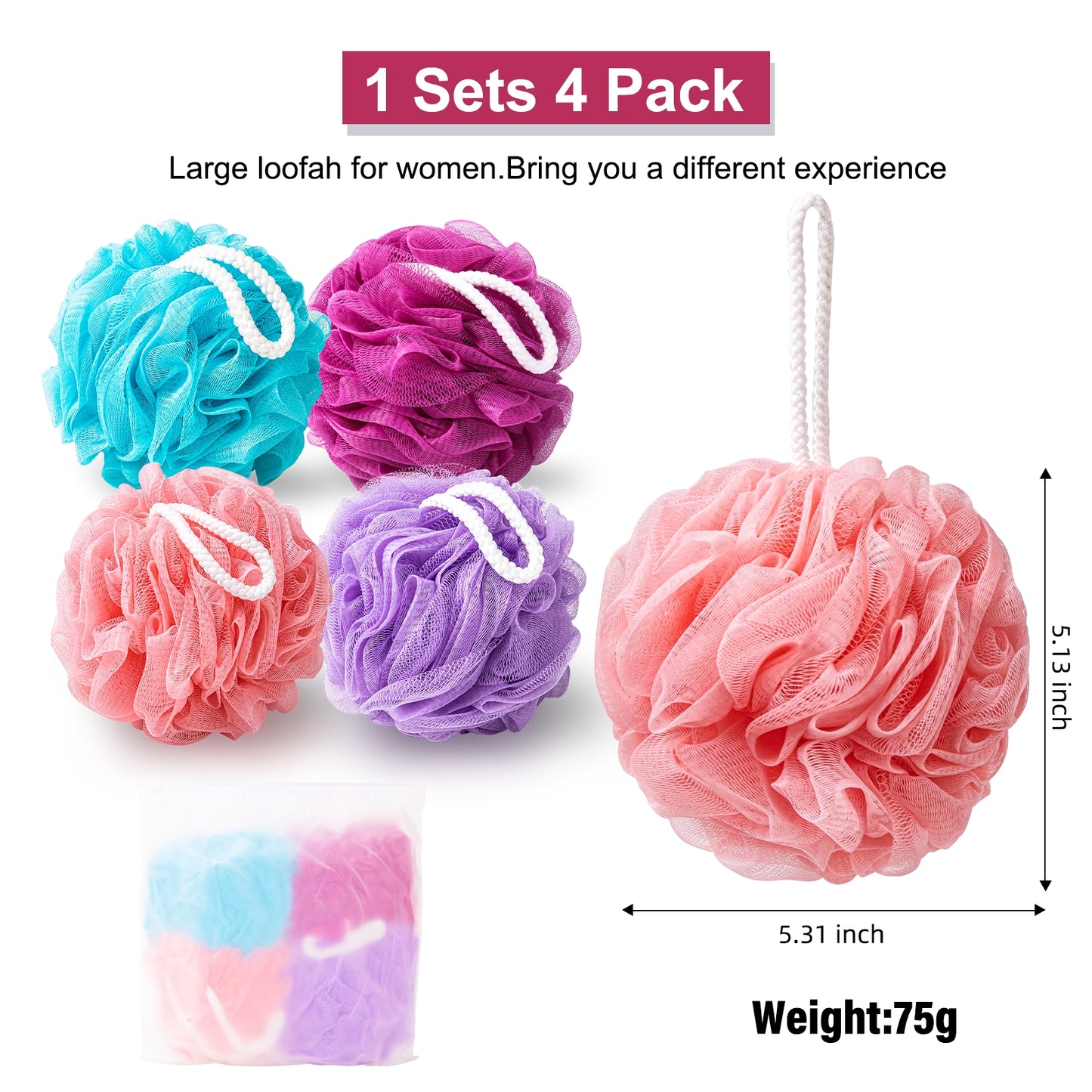 Mrsdry Loofah for Women 75g 4 Pack, Bath Sponge Soft Mesh Shower Puff Loofah Sponge, Exfoliating Body Scrubber, lufas for Women, Shower Accessories (Purple Red Pink Blue)