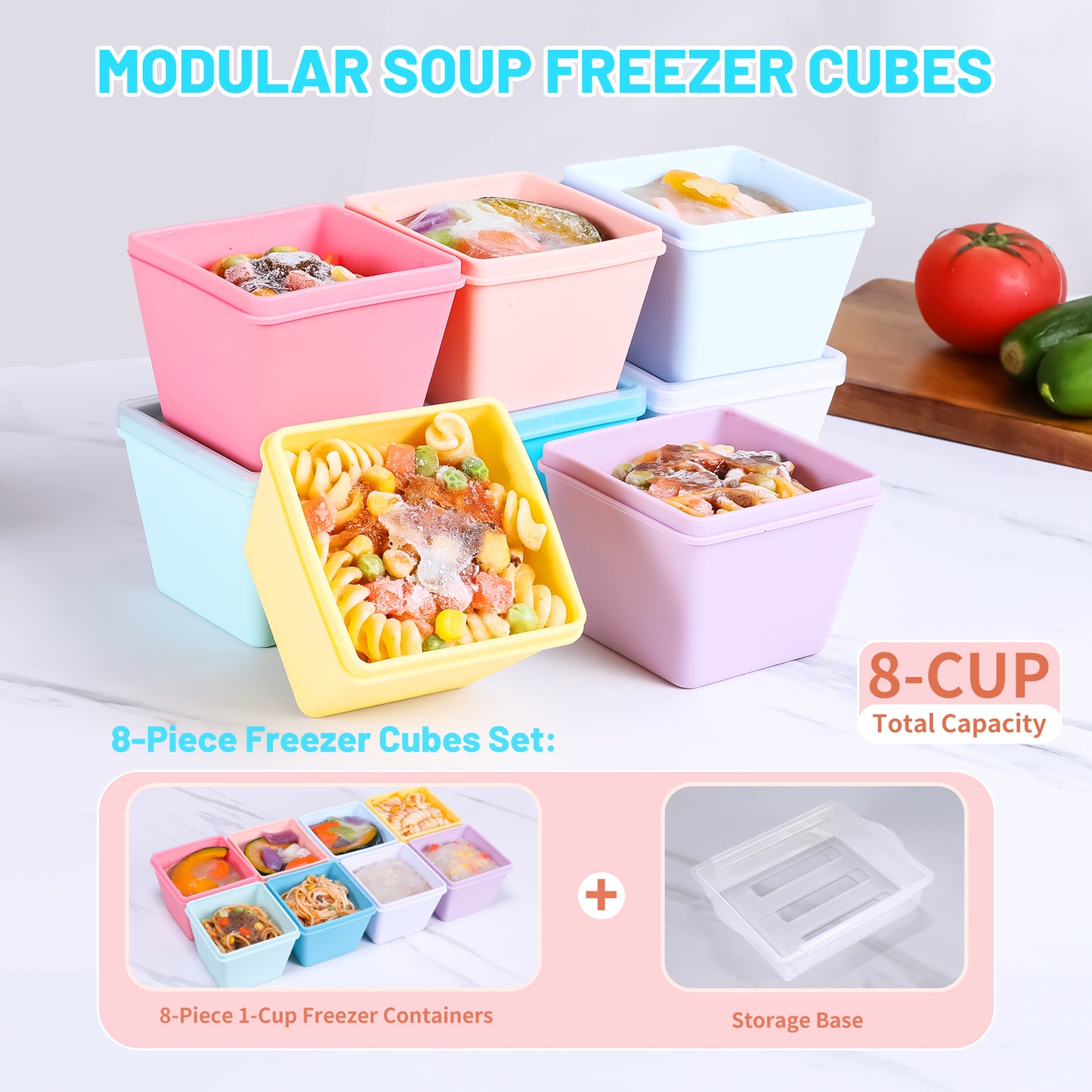 Mrsdry BPA-Free Silicone Freezer Molds with Base, Individual 8-Pack 1-Cup Portion Soup Cubes Freezer Tray with Lids for Food Storage, Oven & Dishwasher Safe, Silicone Freezer Containers for Meal Prep