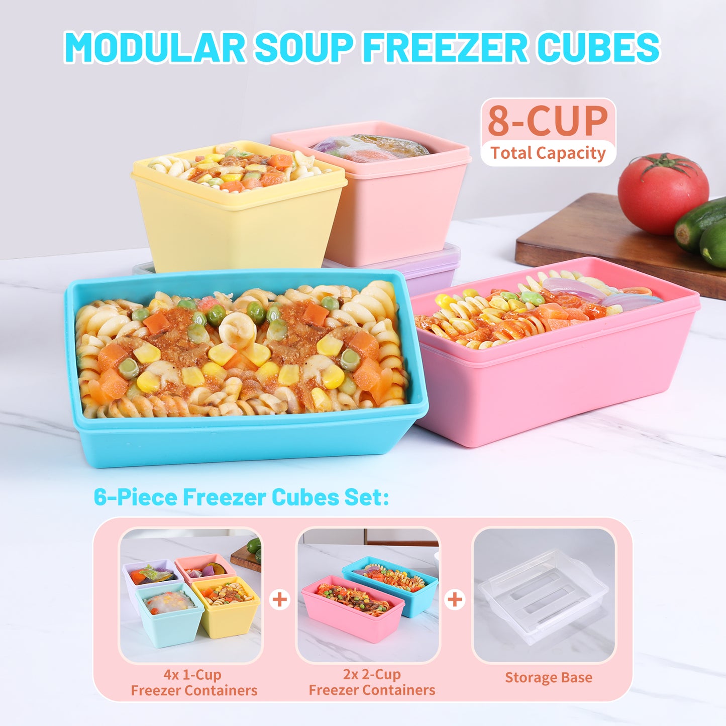 Mrsdry BPA-Free Silicone Freezer Molds with Base, Individual 6-Pack 1-Cup & 2-Cup Portion Soup Cubes Freezer Tray with Lid for Food Storage, Dishwasher Safe, Silicone Freezer Containers for Meal Prep