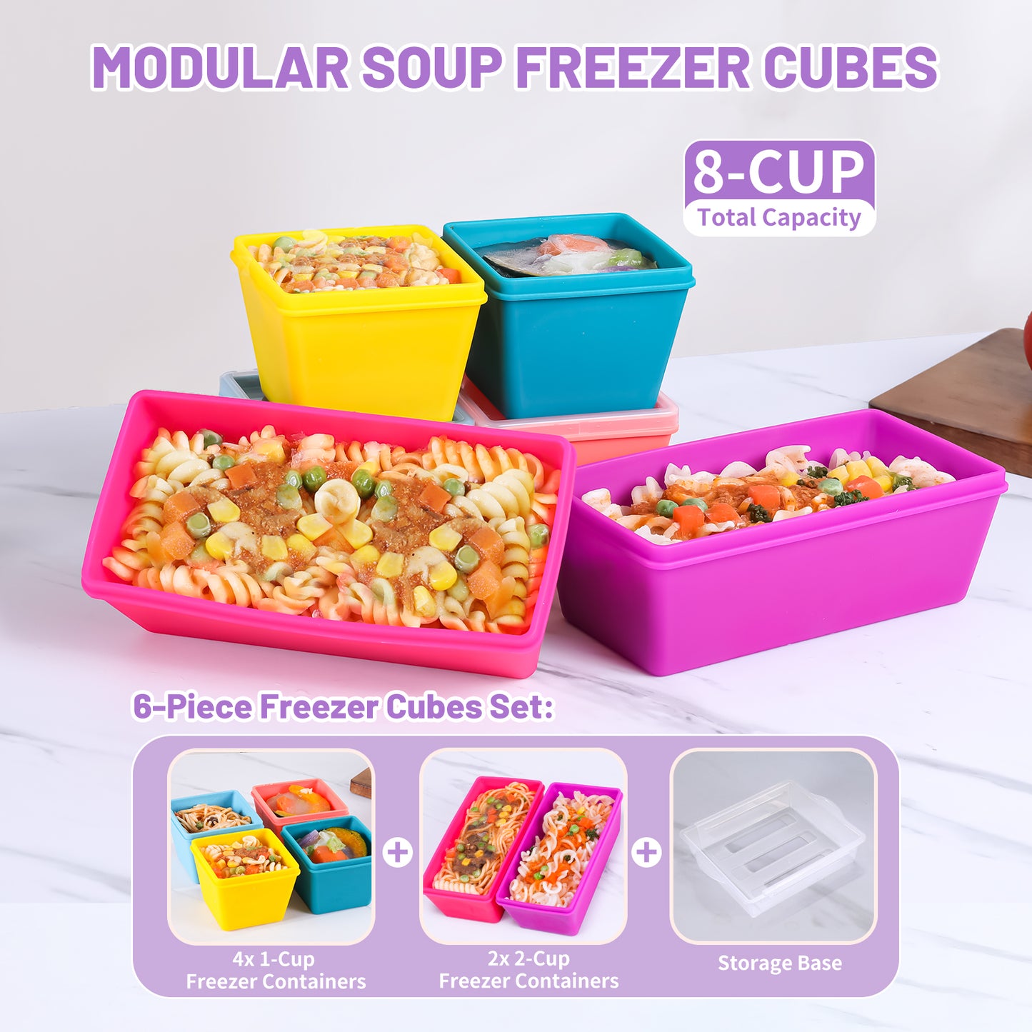 Mrsdry BPA-Free Silicone Freezer Molds with Base, Individual 6-Pack 1-Cup & 2-Cup Portion Soup Cubes Freezer Tray with Lid for Food Storage, Dishwasher Safe, Silicone Freezer Containers for Meal Prep