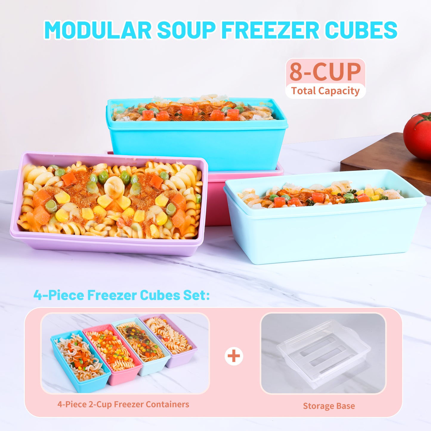 Mrsdry BPA-Free Silicone Freezer Molds with Base, Individual 4-Pack 2-Cup Portion Soup Cubes Freezer Tray with Lids for Food Storage, Oven & Dishwasher Safe, Silicone Freezer Containers for Meal Prep