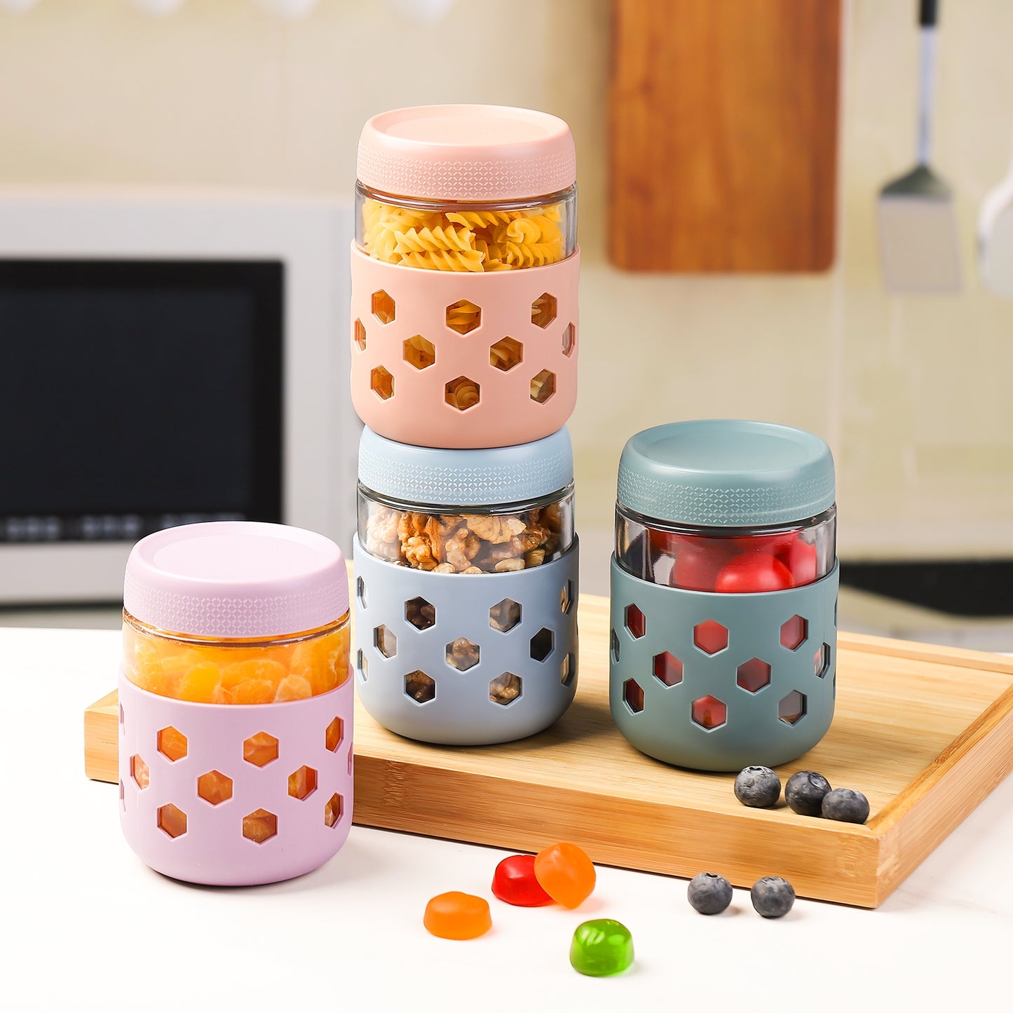 Mrsdry 4-Pack Overnight Oats Containers with Lids and Protective Silicone Sleeve, 16 oz Glass Chia Pudding Jars with Airtight Lid, Mason Salad Meal Prep Jars for Yogurt Oatmeal