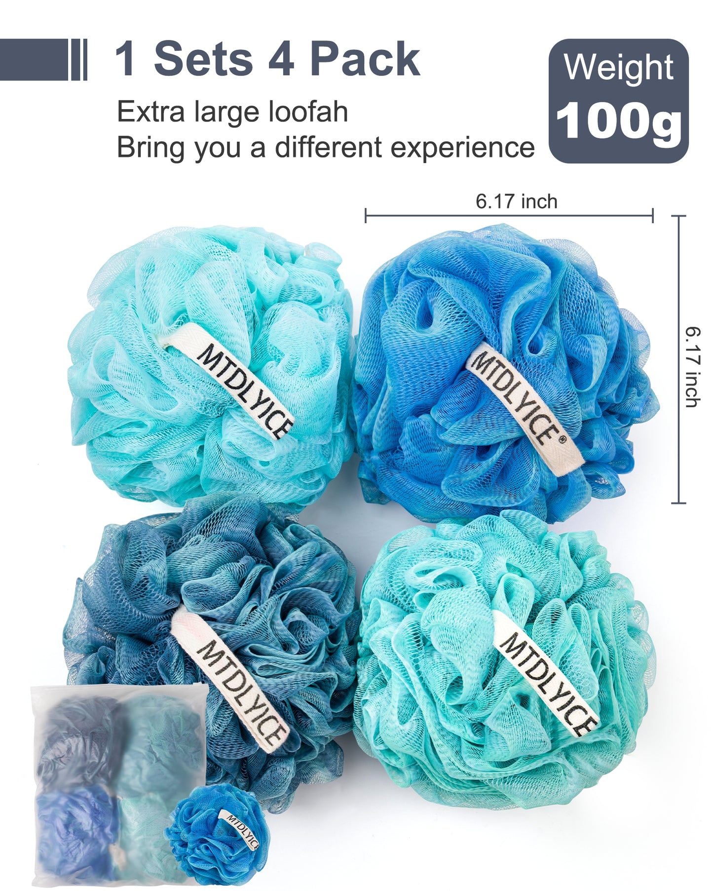 Mrsdry Loofah Sponge, XXL Large Loofah 100g 4 Pack, Bath Sponge Soft Mesh Shower Loofah for Men, Body Scrub, Shower Pouf Bath Accessories, for Body Wash, Soap (Blue)