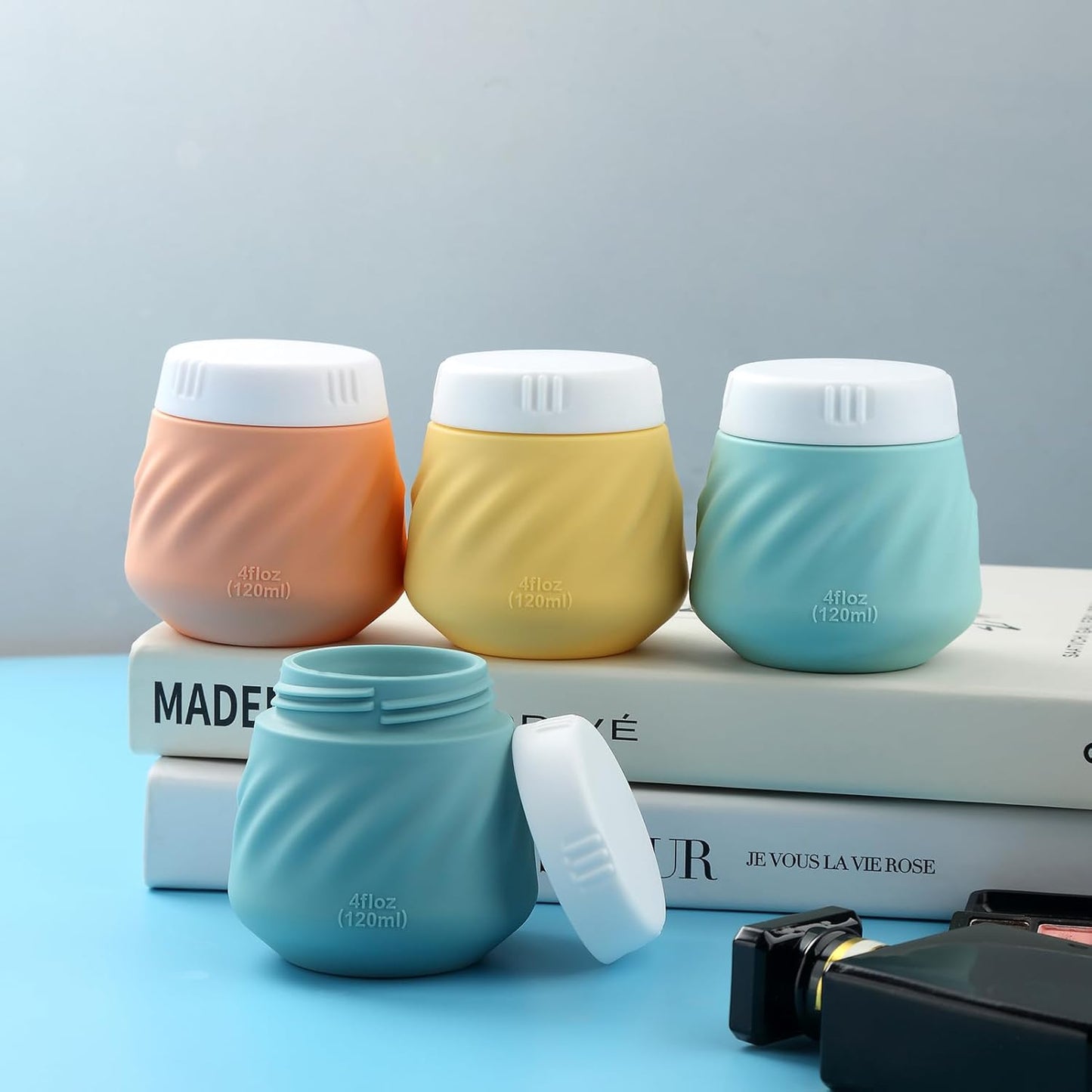 Mrsdry Travel Containers for Toiletries, Silicone Cream Jars TSA Approved Travel Size Containers with Clear Bag, Leak-proof Travel Accessories with Lid for Cosmetic Face Body Hand Cream (4 Pack)