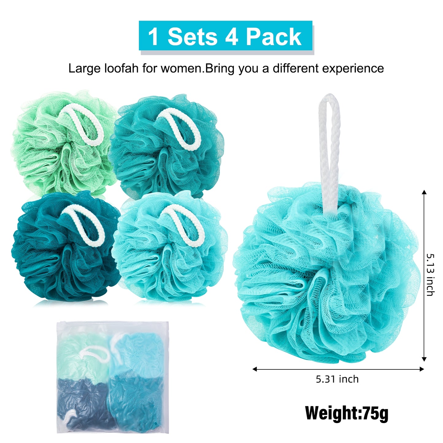 Mrsdry Loofah for Women 75g 4 Pack, Bath Sponge Soft Mesh Shower Puff Loofah Sponge, Exfoliating Body Scrubber, lufas for Women, Shower Accessories (Blue)
