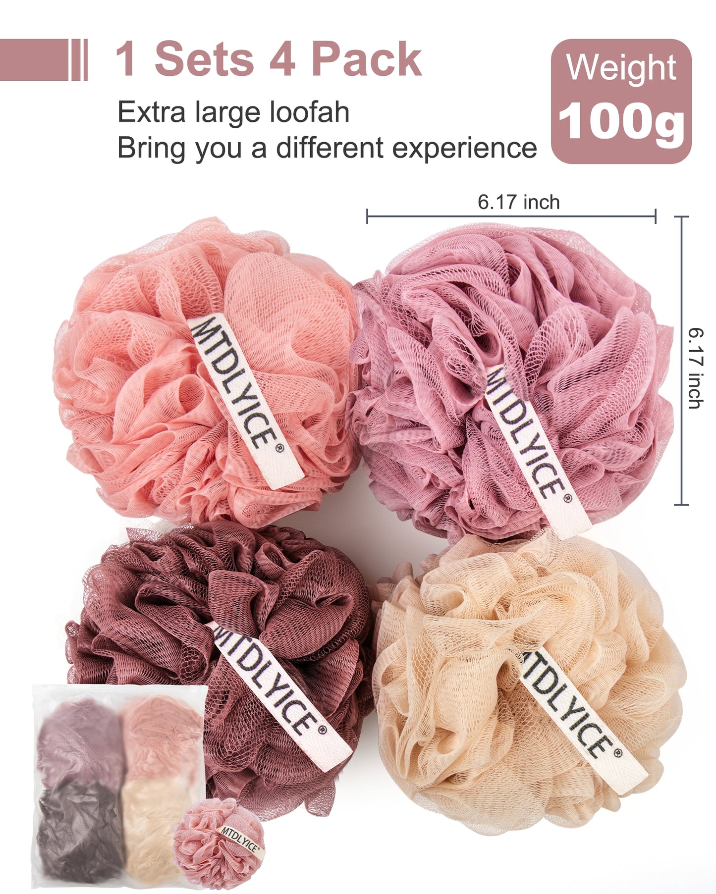 Mrsdry Loofah Sponge, XXL Large Loofah 100g 4 Pack, Bath Sponge Soft Mesh Shower for Men, Body Scrub, Shower Pouf Bath Accessories, for Body Wash, Soap (Red Soil)