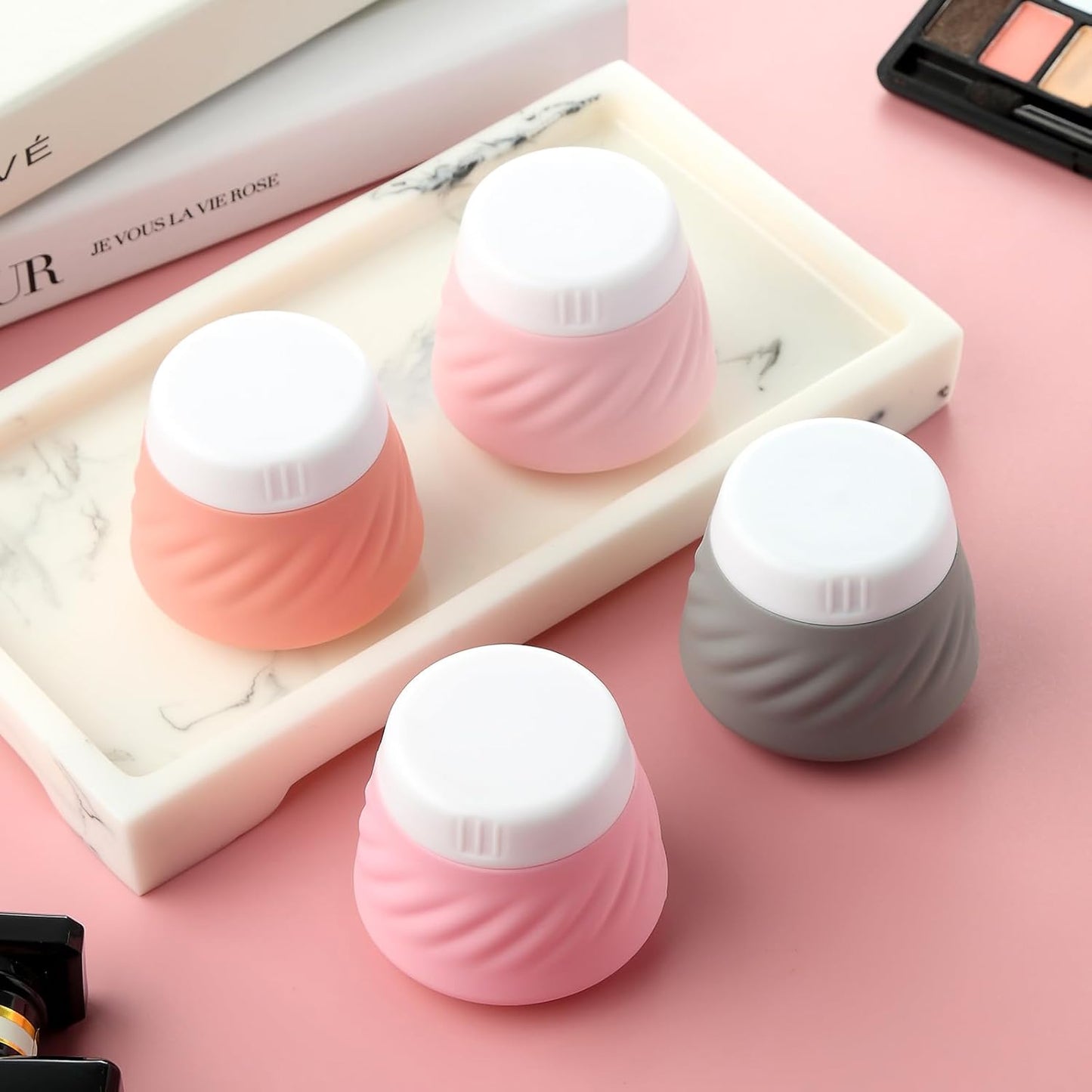 Mrsdry Travel Containers for Toiletries, Silicone Cream Jars TSA Approved Travel Size Containers with Clear Bag, Leak-proof Travel Accessories with Lid for Cosmetic Face Body Hand Cream (4 Pack)