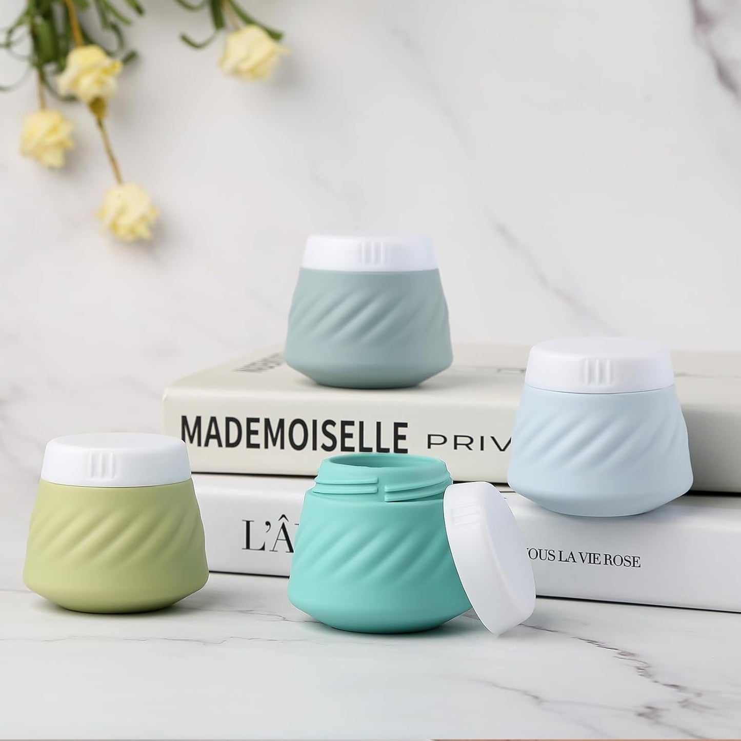 Mrsdry Travel Containers for Toiletries, Silicone Cream Jars TSA Approved Travel Size Containers with Clear Bag, Leak-proof Travel Accessories with Lid for Cosmetic Face Body Hand Cream (4 Pack)