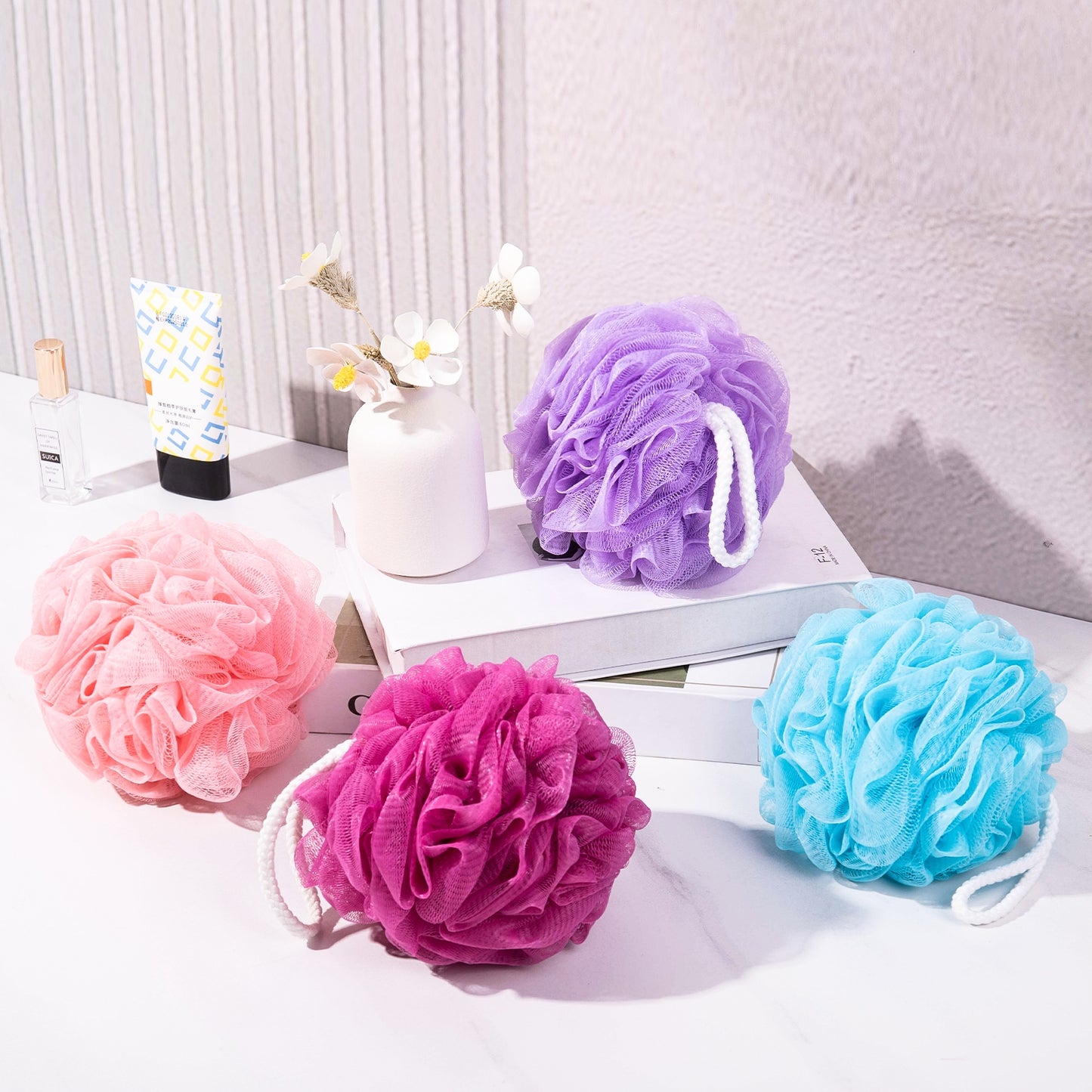 Mrsdry Loofah for Women 75g 4 Pack, Bath Sponge Soft Mesh Shower Puff Loofah Sponge, Exfoliating Body Scrubber, lufas for Women, Shower Accessories (Purple Red Pink Blue)