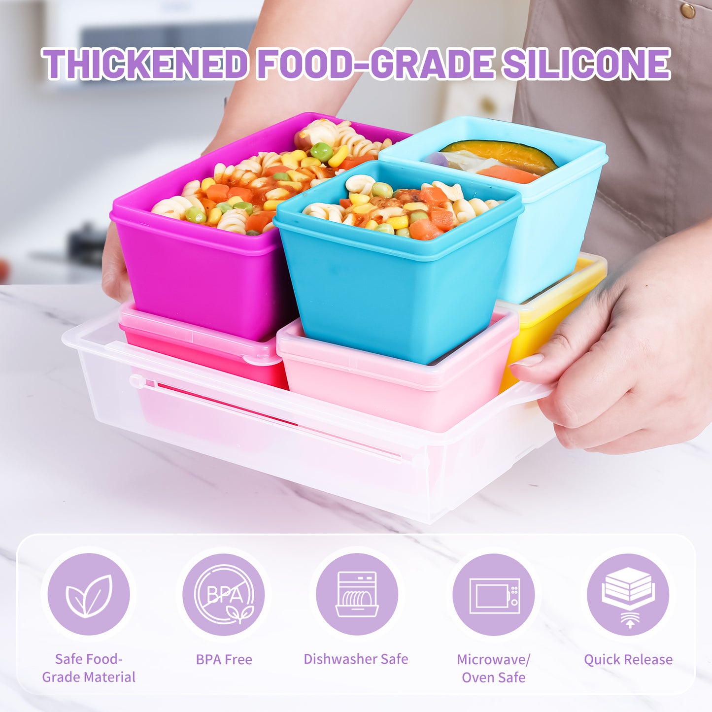 Mrsdry BPA-Free Silicone Freezer Molds with Base, Individual 6-Pack 1-Cup & 2-Cup Portion Soup Cubes Freezer Tray with Lid for Food Storage, Dishwasher Safe, Silicone Freezer Containers for Meal Prep