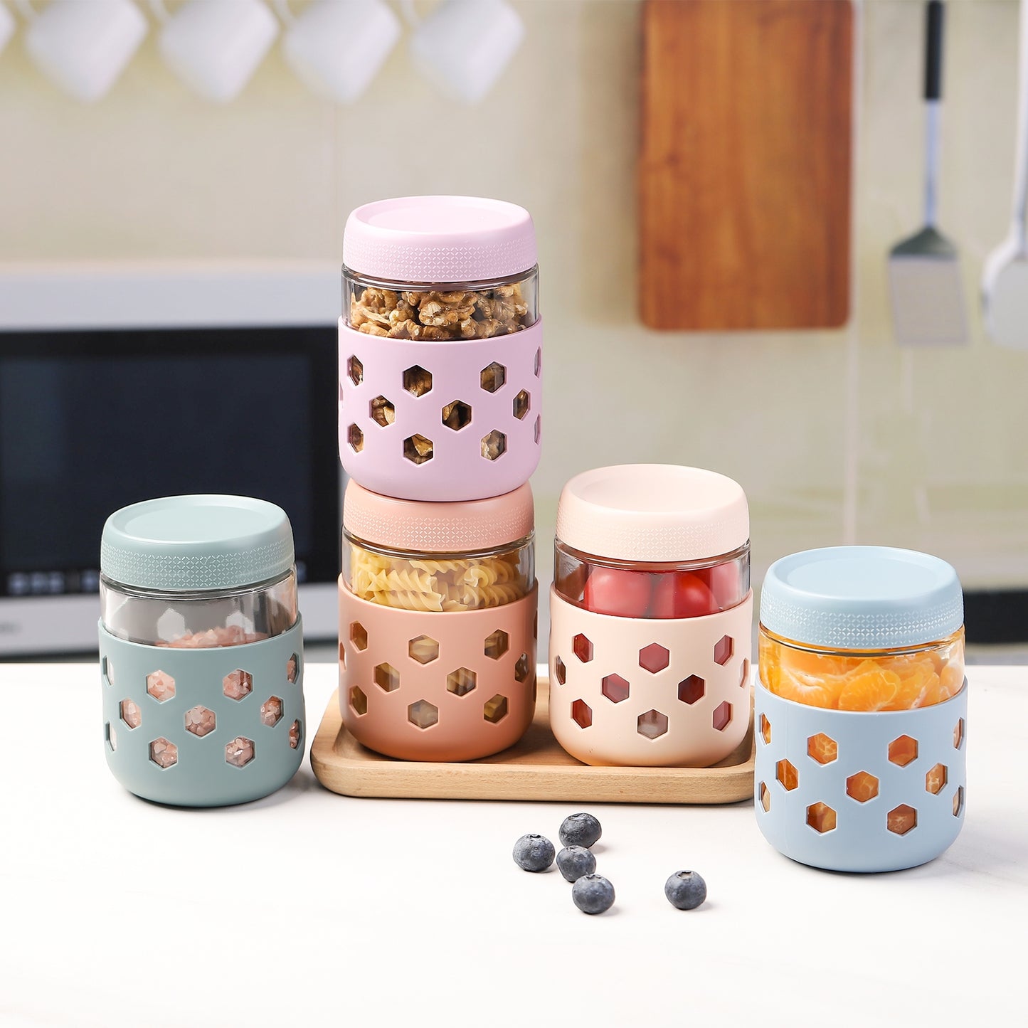 Mrsdry 6-Pack 16 oz Glass Mason Jars with Silicone Sleeves, Airtight BPA-Free Overnight Oats Containers with Lids, Dishwasher Safe Leak-Proof Meal Prep Jars for Chia Pudding, Yogurt, Snacks