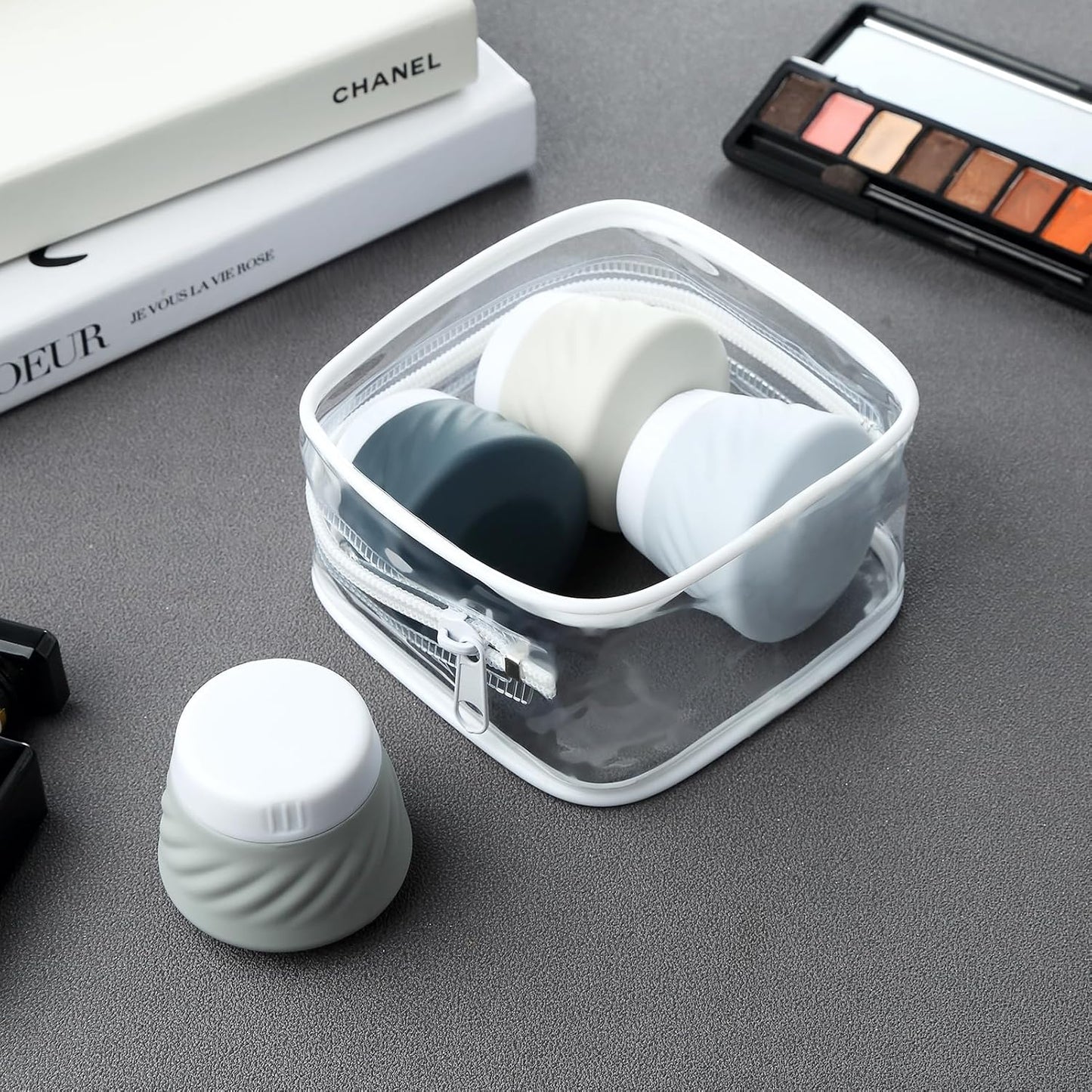 Mrsdry Travel Containers for Toiletries, Silicone Cream Jars TSA Approved Travel Size Containers with Clear Bag, Leak-proof Travel Accessories with Lid for Cosmetic Face Body Hand Cream (4 Pack)