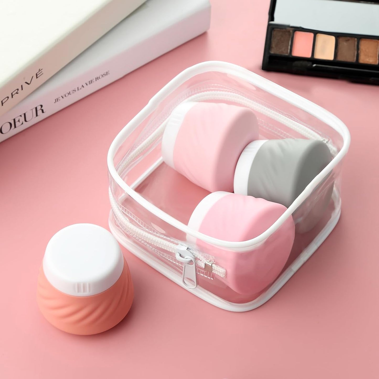 Mrsdry Travel Containers for Toiletries, Silicone Cream Jars TSA Approved Travel Size Containers with Clear Bag, Leak-proof Travel Accessories with Lid for Cosmetic Face Body Hand Cream (4 Pack)