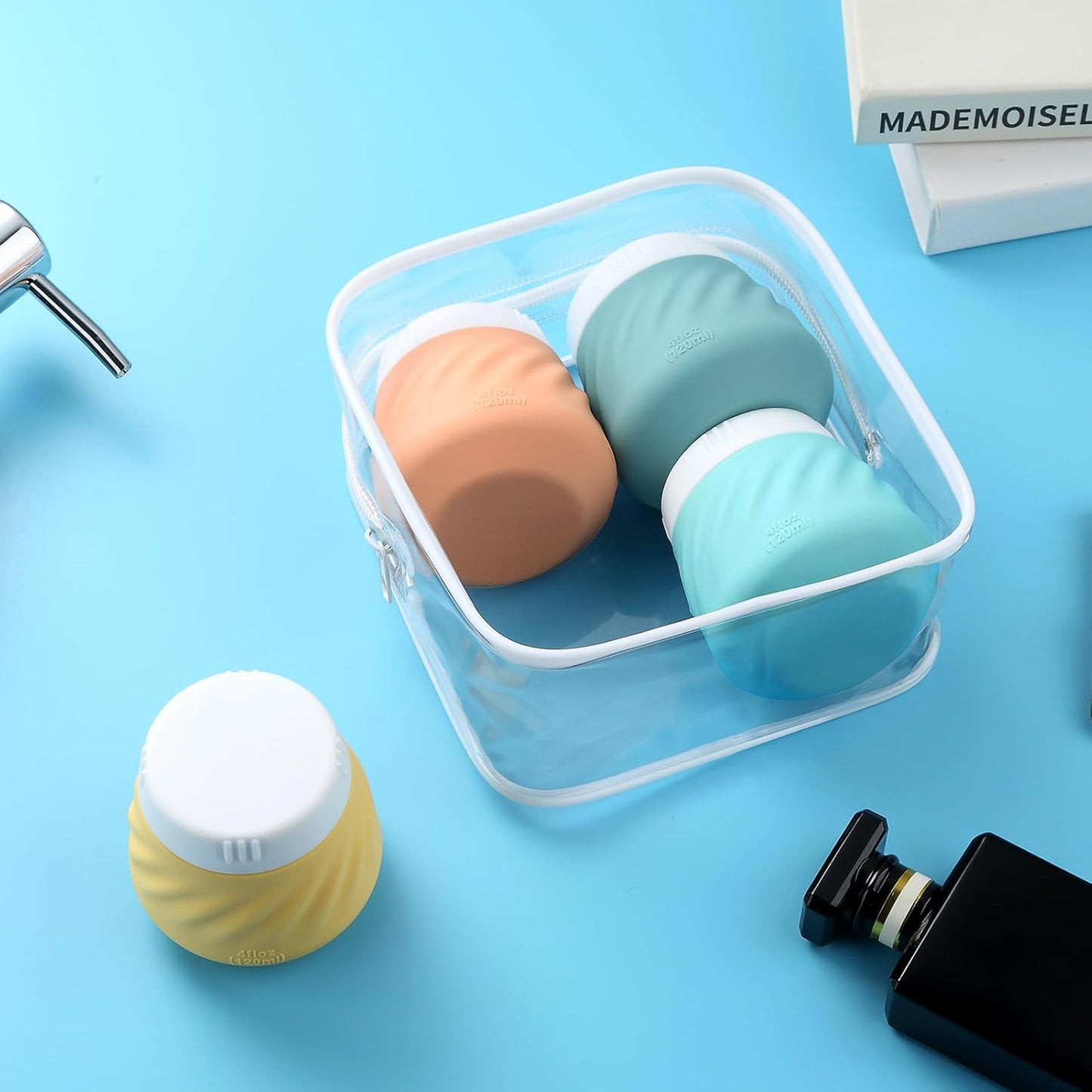 Mrsdry Travel Containers for Toiletries, Silicone Cream Jars TSA Approved Travel Size Containers with Clear Bag, Leak-proof Travel Accessories with Lid for Cosmetic Face Body Hand Cream (4 Pack)