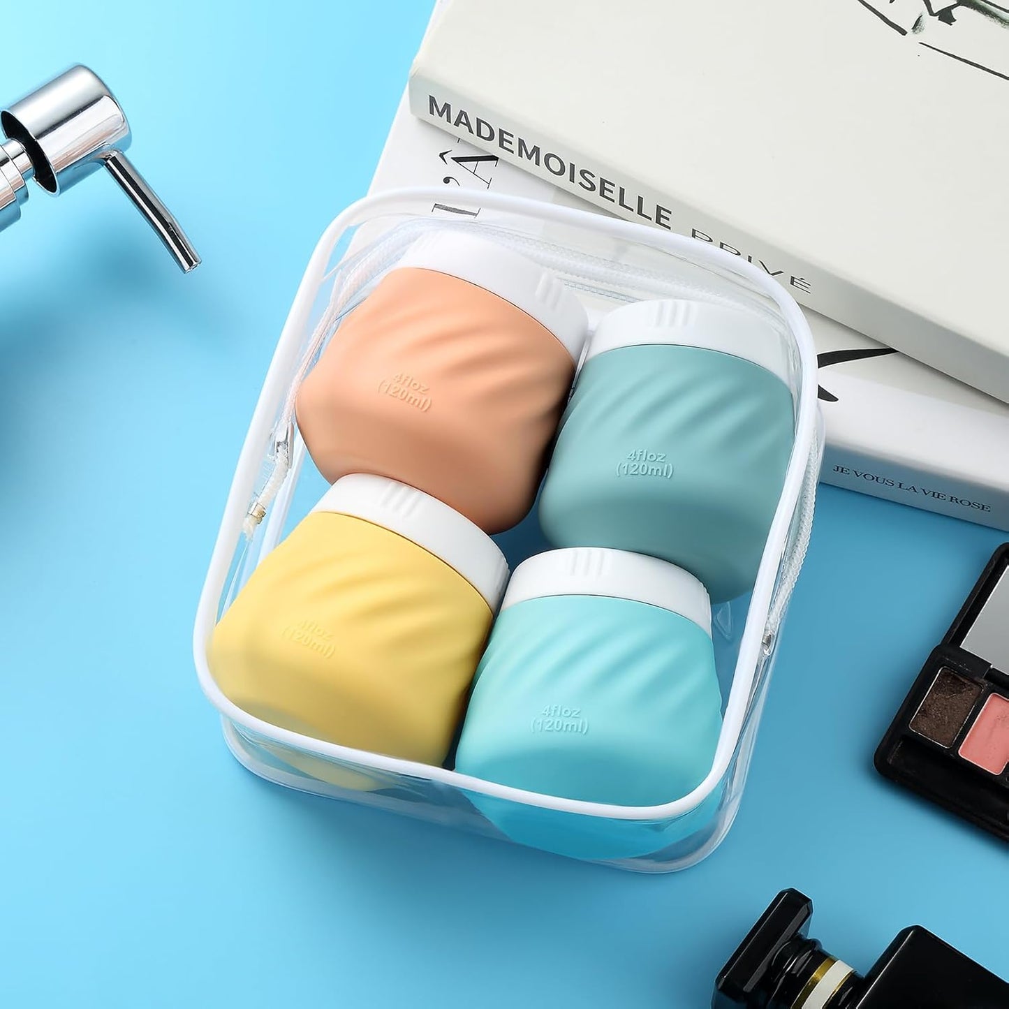 Mrsdry Travel Containers for Toiletries, Silicone Cream Jars TSA Approved Travel Size Containers with Clear Bag, Leak-proof Travel Accessories with Lid for Cosmetic Face Body Hand Cream (4 Pack)