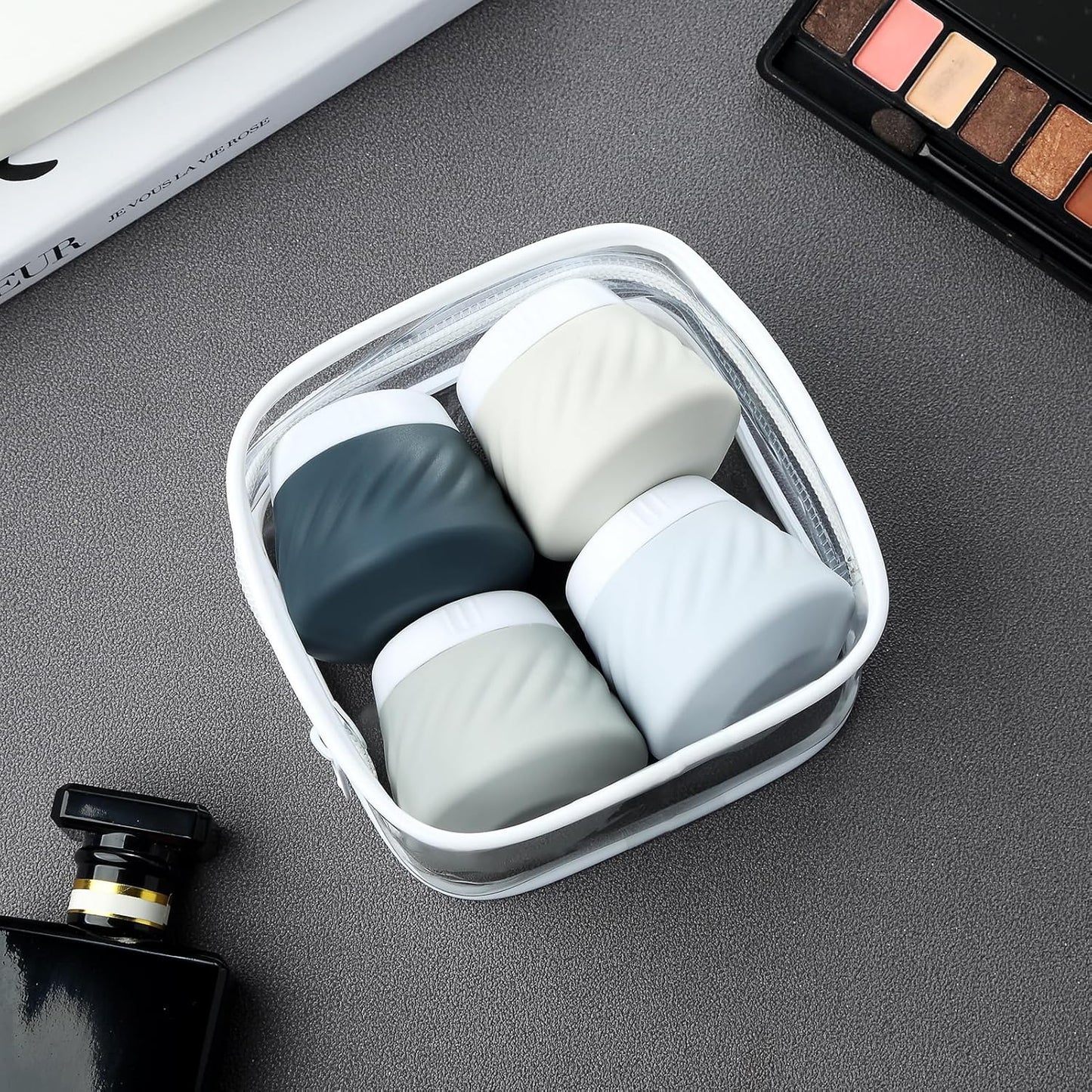 Mrsdry Travel Containers for Toiletries, Silicone Cream Jars TSA Approved Travel Size Containers with Clear Bag, Leak-proof Travel Accessories with Lid for Cosmetic Face Body Hand Cream (4 Pack)