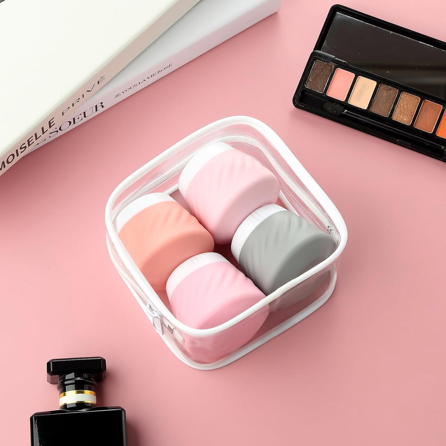 Mrsdry Travel Containers for Toiletries, Silicone Cream Jars TSA Approved Travel Size Containers with Clear Bag, Leak-proof Travel Accessories with Lid for Cosmetic Face Body Hand Cream (4 Pack)