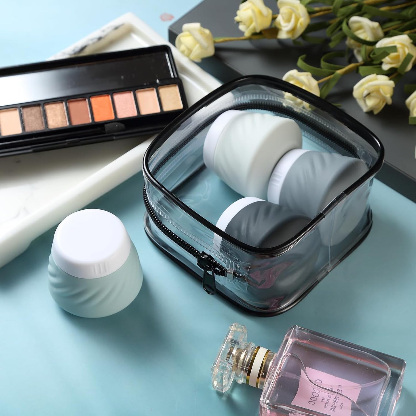 Mrsdry Travel Containers for Toiletries, Silicone Cream Jars TSA Approved Travel Size Containers with Clear Bag, Leak-proof Travel Accessories with Lid for Cosmetic Face Body Hand Cream (4 Pack)