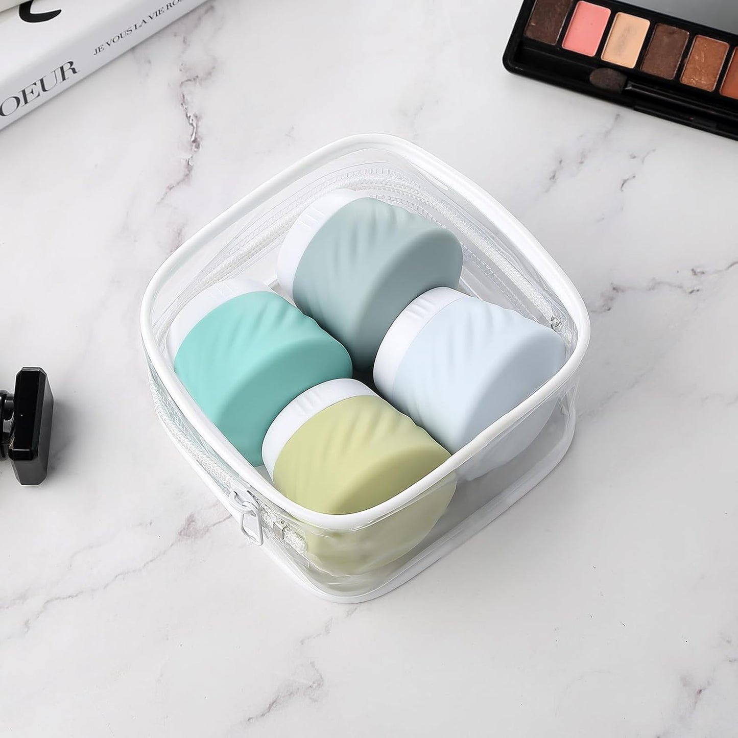 Mrsdry Travel Containers for Toiletries, Silicone Cream Jars TSA Approved Travel Size Containers with Clear Bag, Leak-proof Travel Accessories with Lid for Cosmetic Face Body Hand Cream (4 Pack)