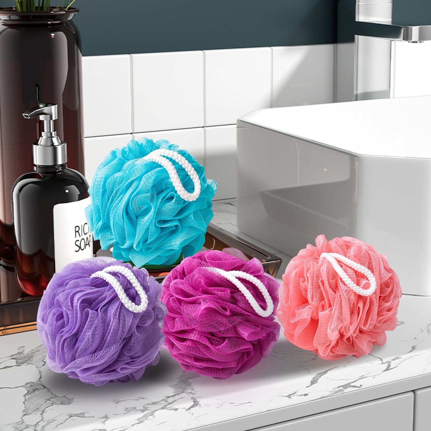 Mrsdry Loofah for Women 75g 4 Pack, Bath Sponge Soft Mesh Shower Puff Loofah Sponge, Exfoliating Body Scrubber, lufas for Women, Shower Accessories (Purple Red Pink Blue)