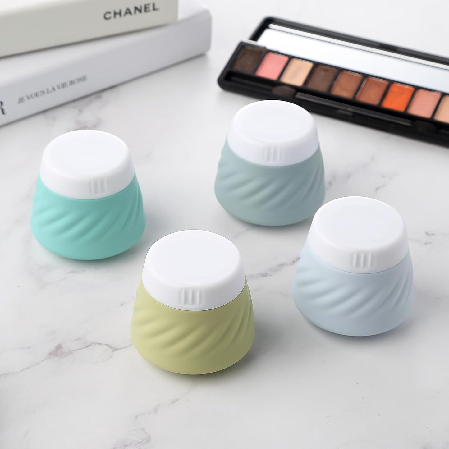 Mrsdry Travel Containers for Toiletries, Silicone Cream Jars TSA Approved Travel Size Containers with Clear Bag, Leak-proof Travel Accessories with Lid for Cosmetic Face Body Hand Cream (4 Pack)