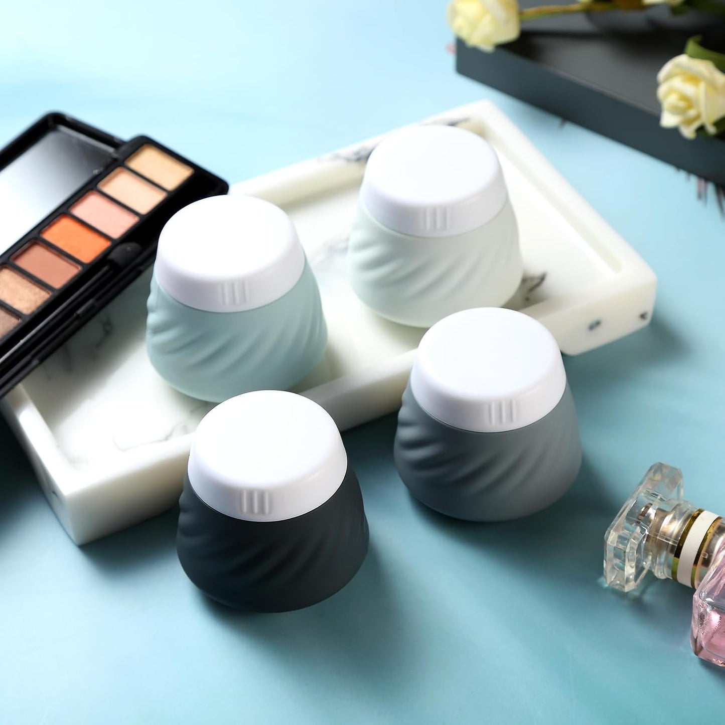 Mrsdry Travel Containers for Toiletries, Silicone Cream Jars TSA Approved Travel Size Containers with Clear Bag, Leak-proof Travel Accessories with Lid for Cosmetic Face Body Hand Cream (4 Pack)