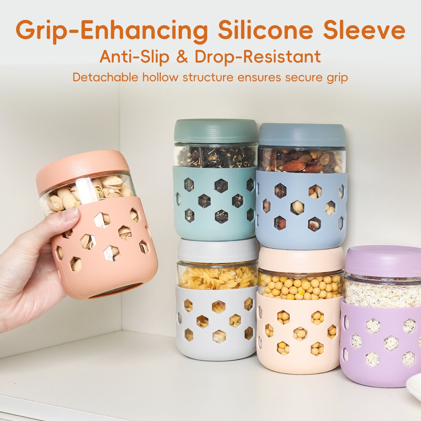 Mrsdry 4-Pack Overnight Oats Containers with Lids and Protective Silicone Sleeve, 16 oz Glass Chia Pudding Jars with Airtight Lid, Mason Salad Meal Prep Jars for Yogurt Oatmeal